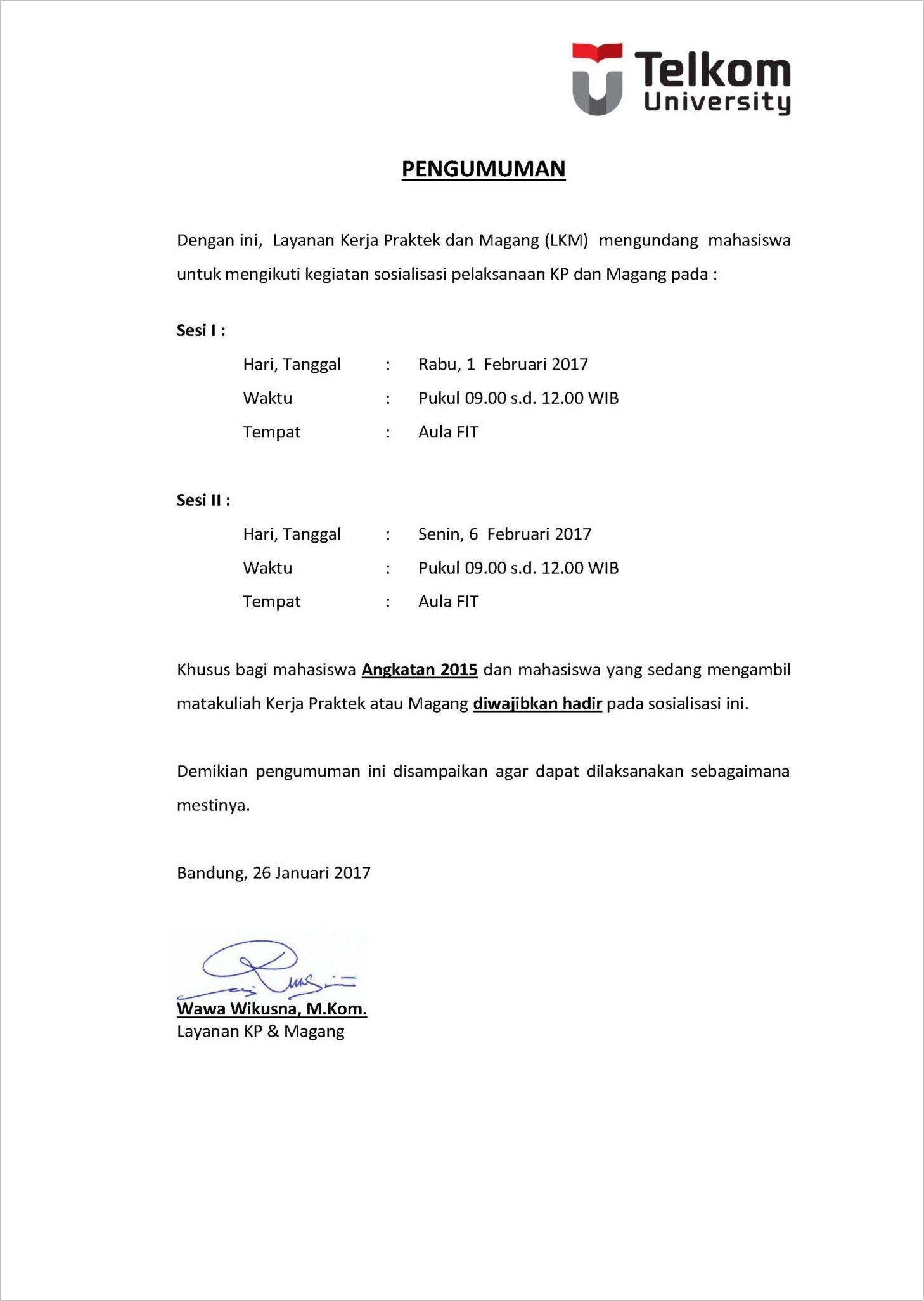 Contoh Surat Penrimaan Kerja Praktek