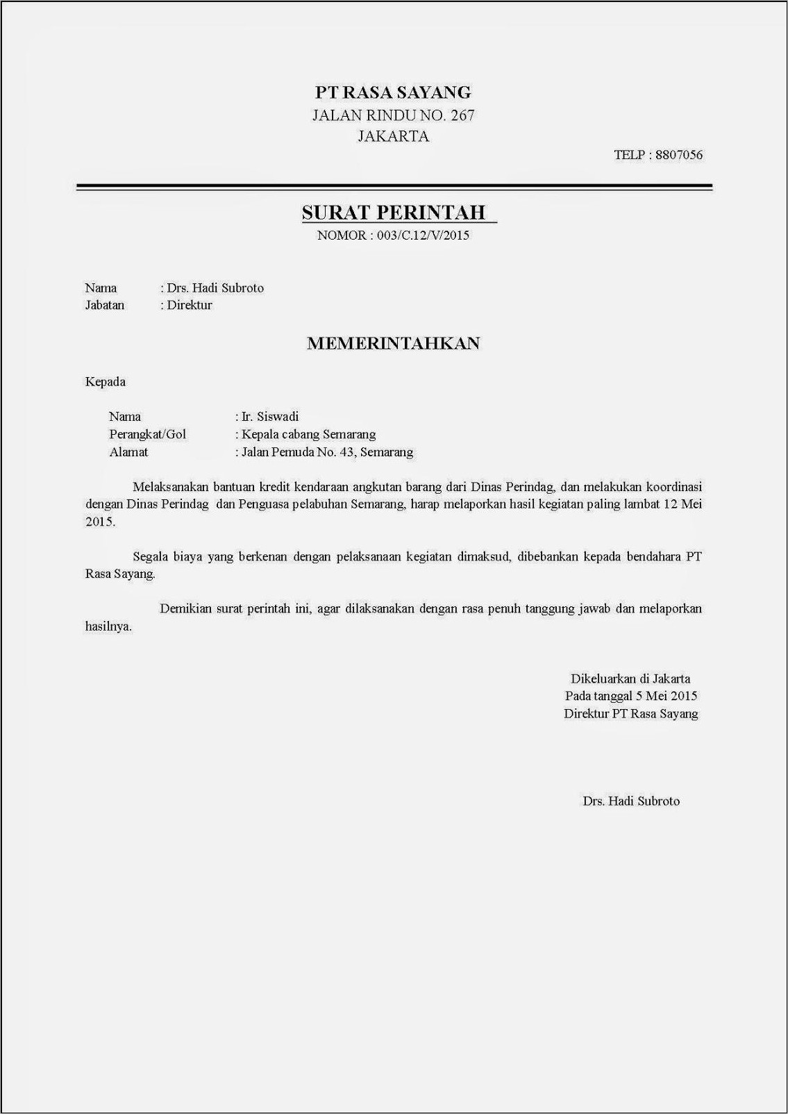 Contoh Surat Perintah Kerja Staff