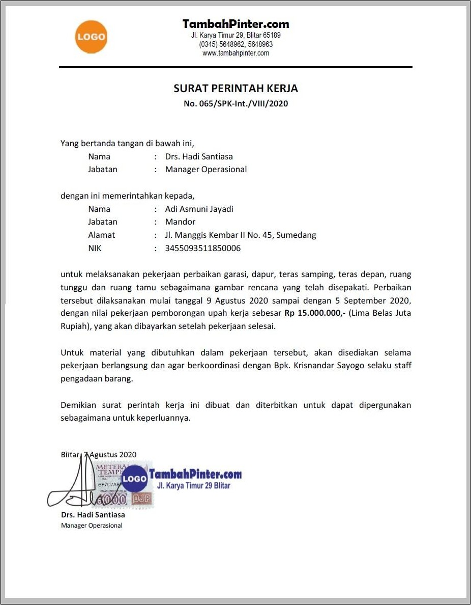 Contoh Surat Perintah Kerja Tertulis