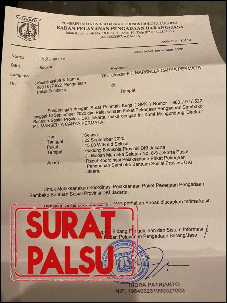 Contoh Surat Perintah Mulai Kerja Jakarta