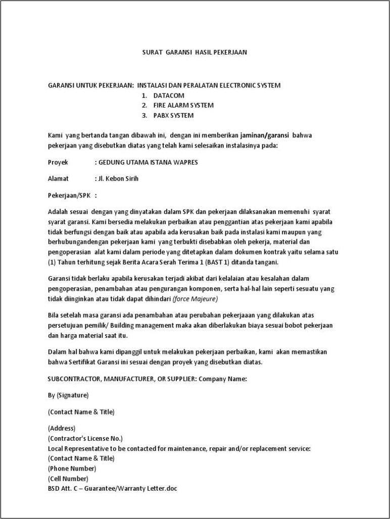 Contoh Surat Perjanjian Kerja Di Proyek Baja