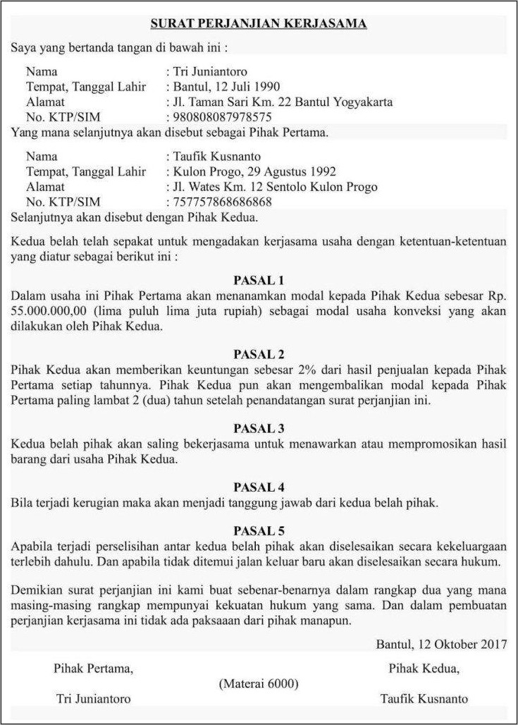 Contoh Surat Perjanjian Kerja Drawing