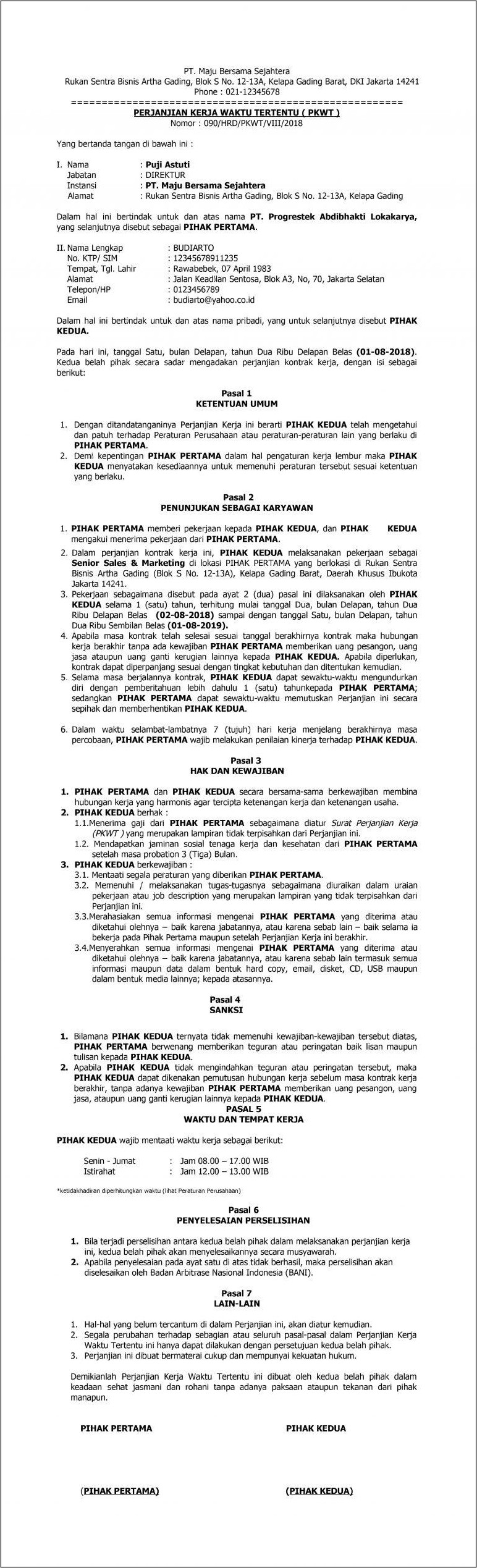 Contoh Surat Perjanjian Kerja Karyawan Magang