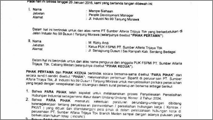 Contoh Surat Perjanjian Kerja Karyawan Permanen