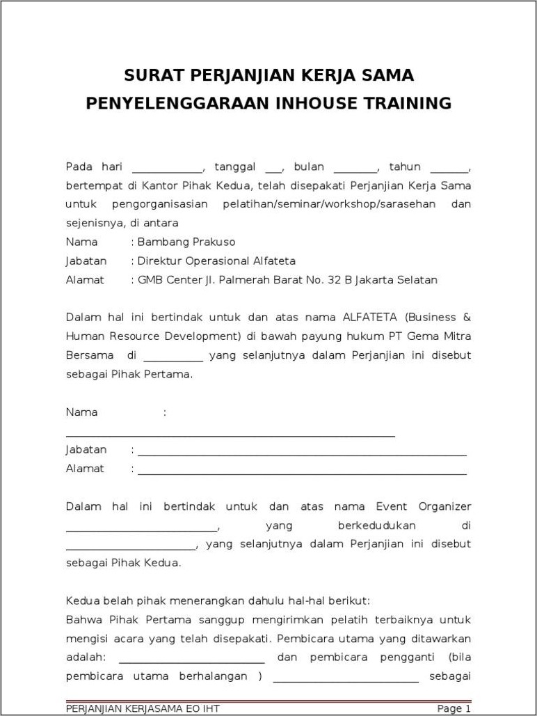 Contoh Surat Perjanjian Kerja Karyawan Sport Centre