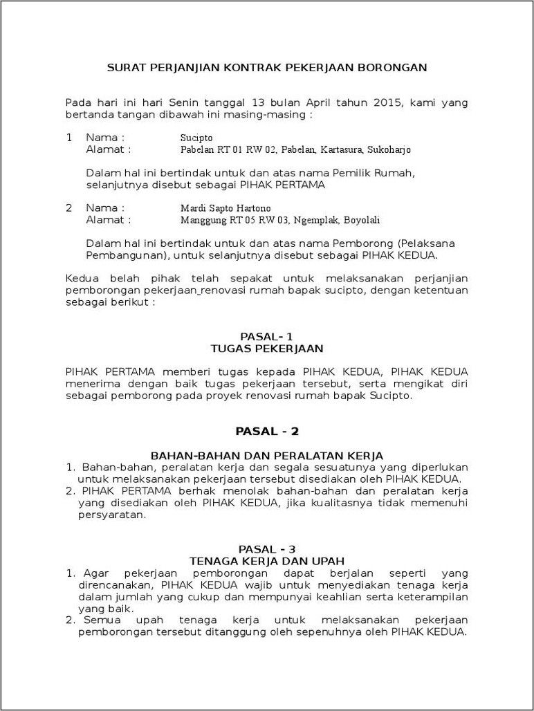 Contoh Surat Perjanjian Keselamatan Kerja