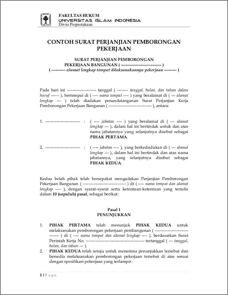 Contoh Surat Perjanjian Kontrak Borongan Kerja