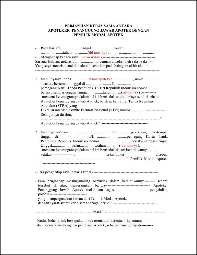 Contoh Surat Perjanjian Kontrak Kerja Apoteker