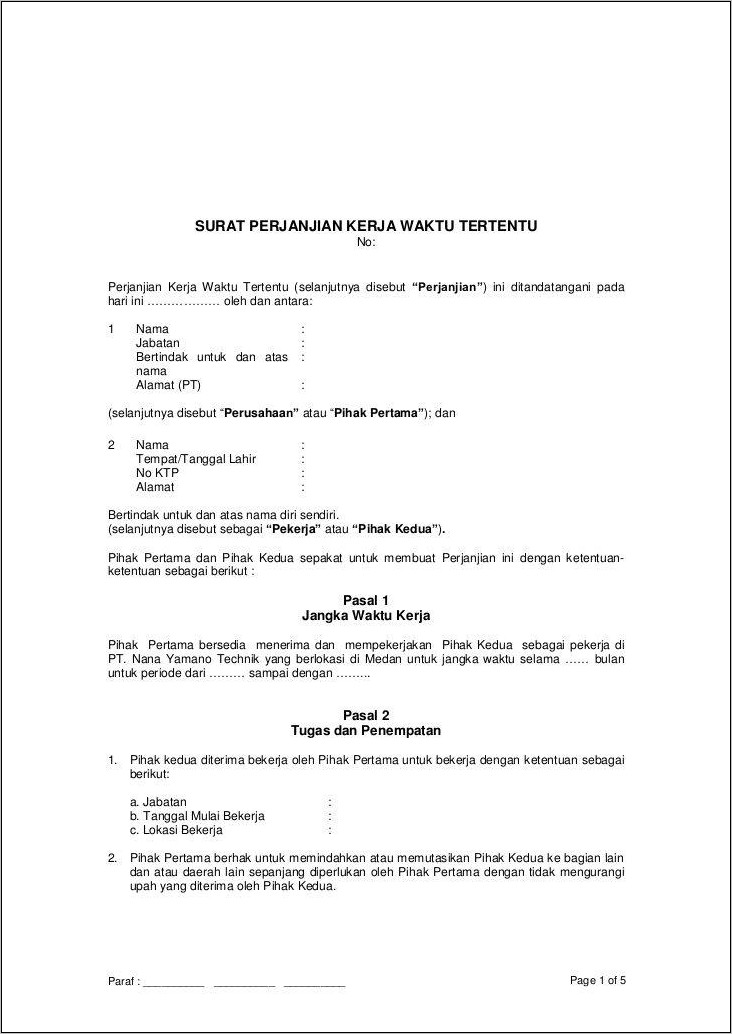 Contoh Surat Perjanjian Masa Kerja