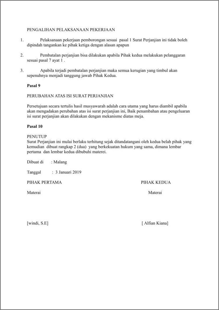 Contoh Surat Perjanjian Pekerjaan Borongan