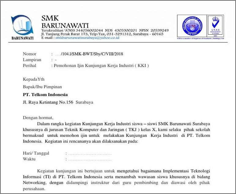 Contoh Surat Permintaan Kunjungan Kerja