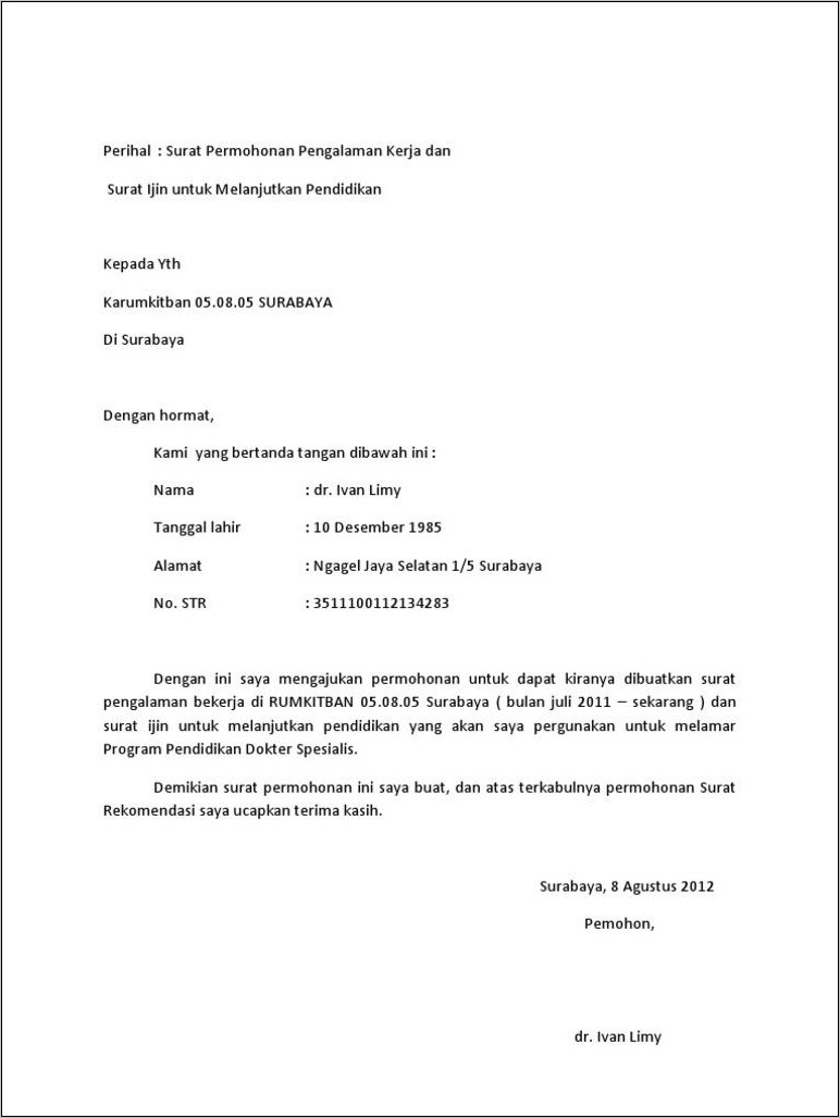 Contoh Surat Permohonan Keterangan Kerja Untuk Kpr