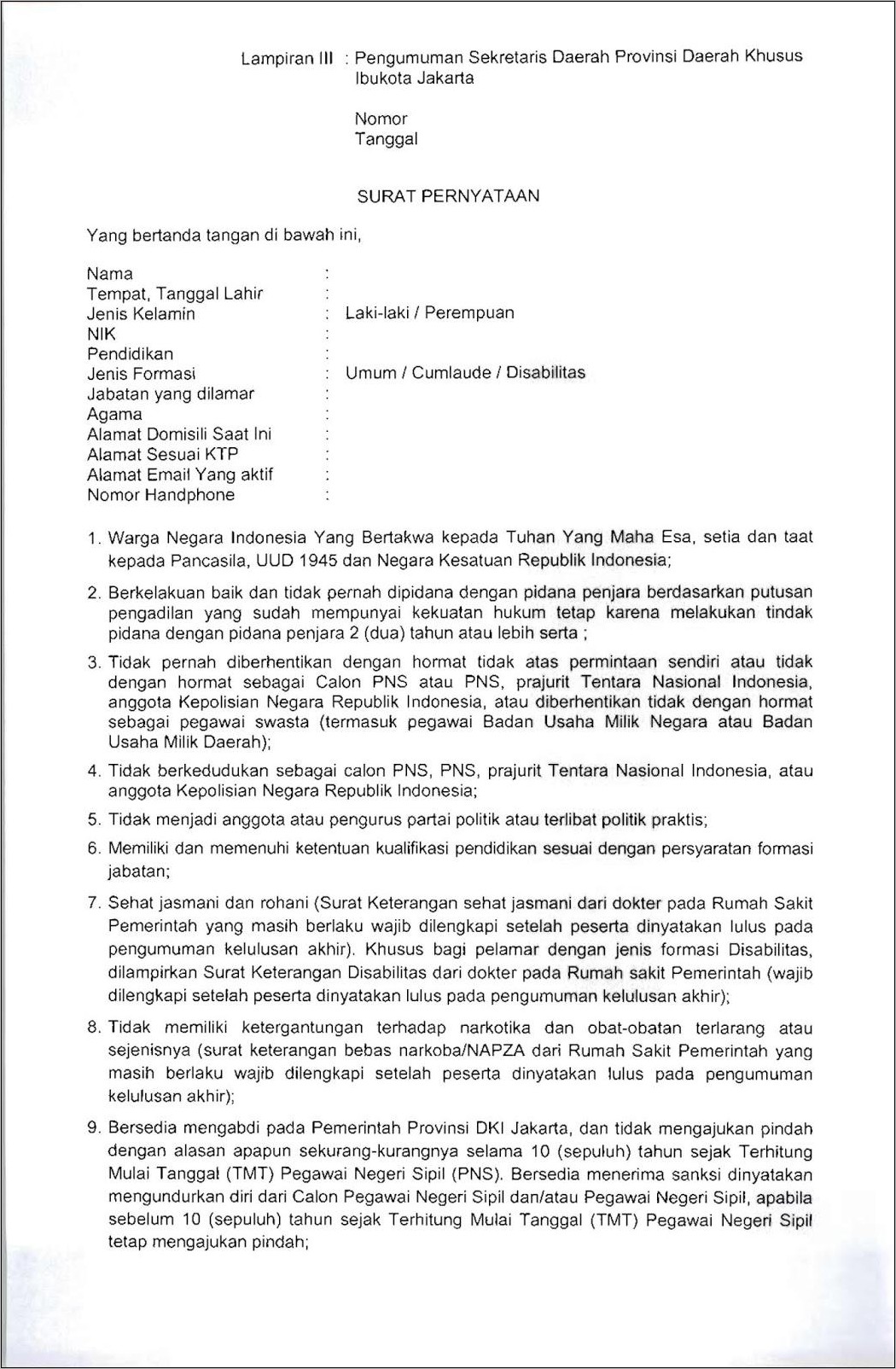 Contoh Surat Pernyataan Dan Lamaran Cpns Kemnaker 2019