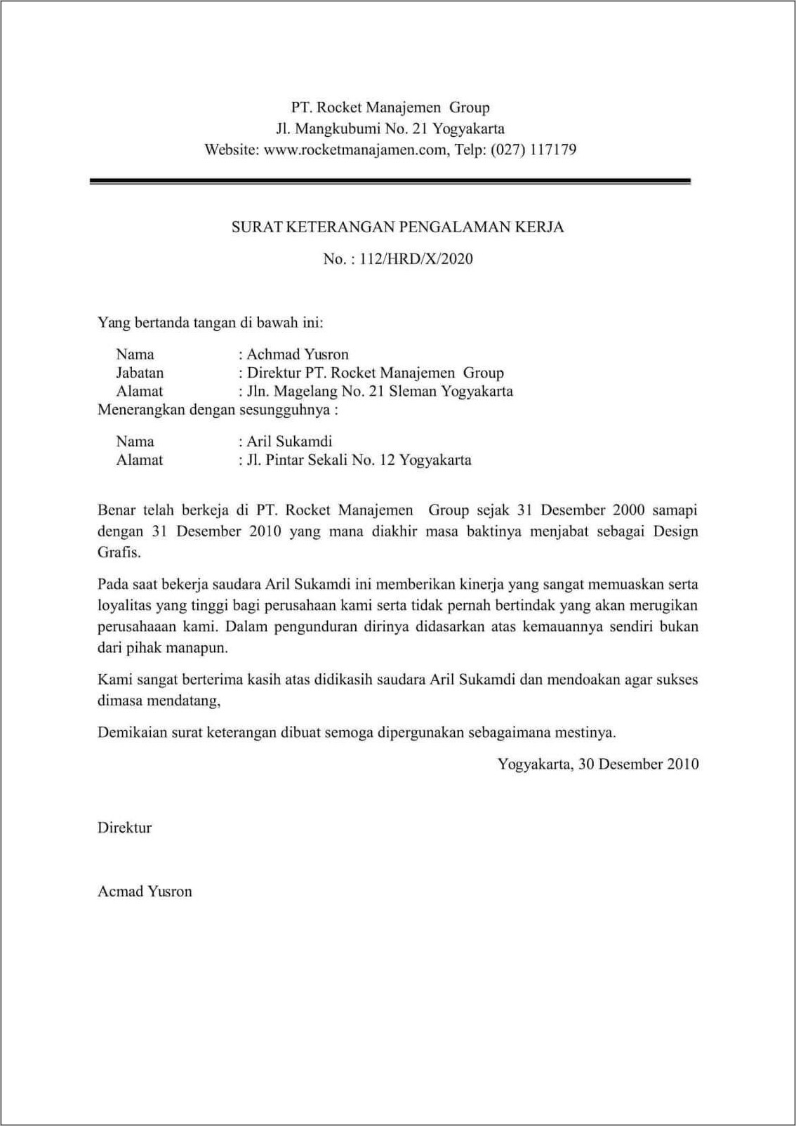 Contoh Surat Pernyataan Kerja Dari Perusahaan