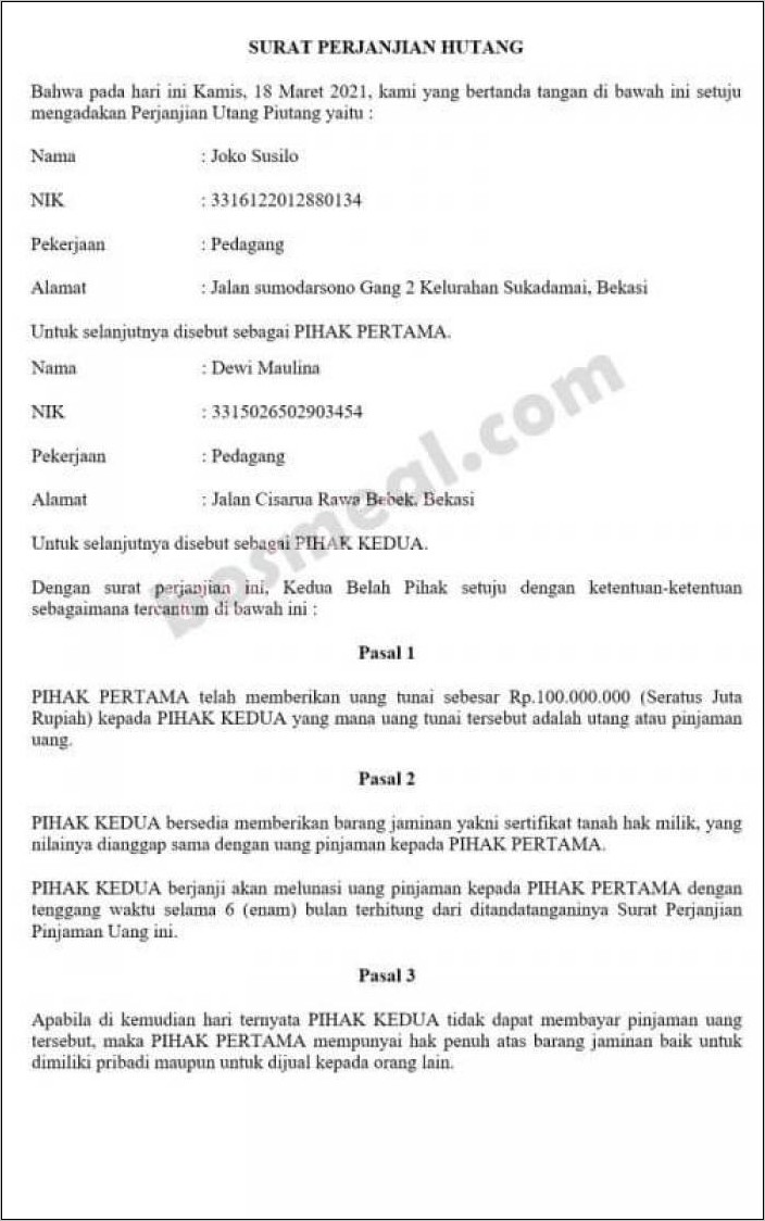 Contoh Surat Pernyataan Pelunasan Hutang Kontrak Kerja