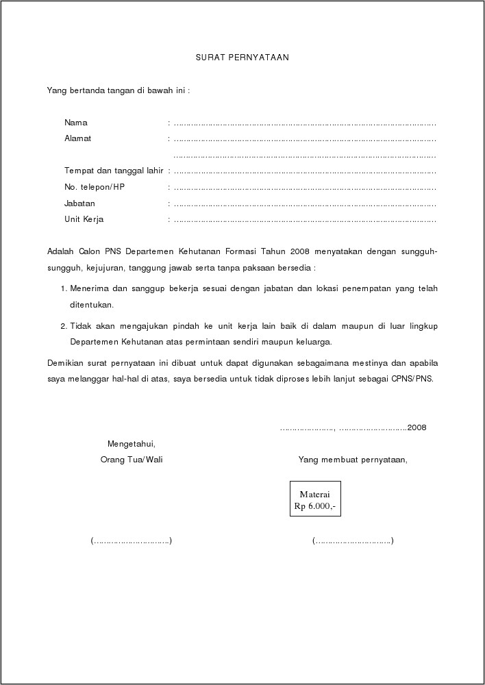 Contoh Surat Pernyataan Perjanjian Kerja Gharim Mesjid