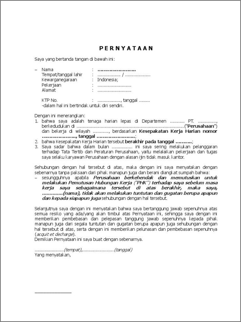 Contoh Surat Pernyataan Perjanjian Pertanggungjawaban Kerja