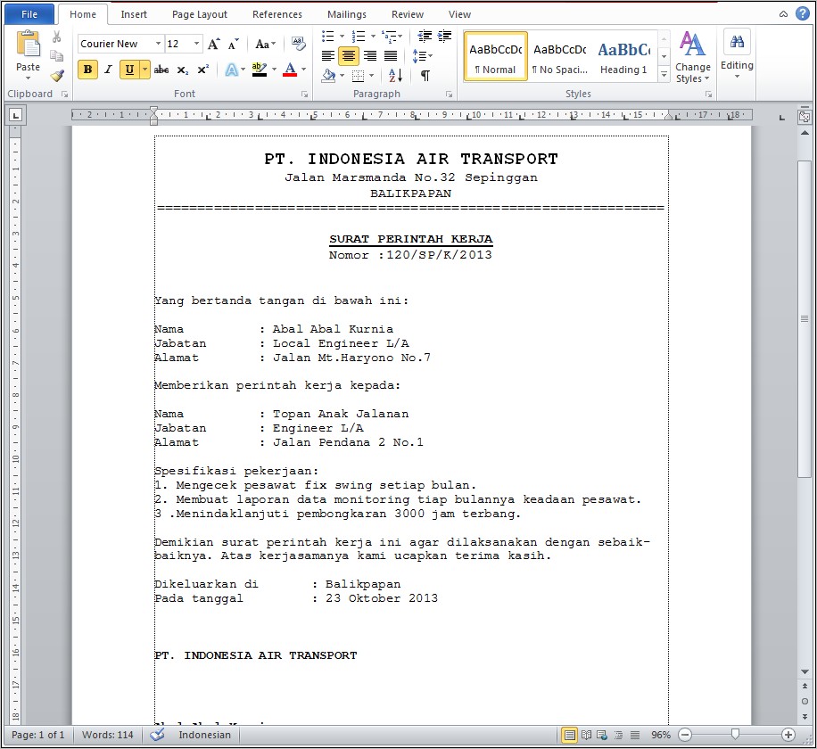 Contoh Surat Printah Kerja