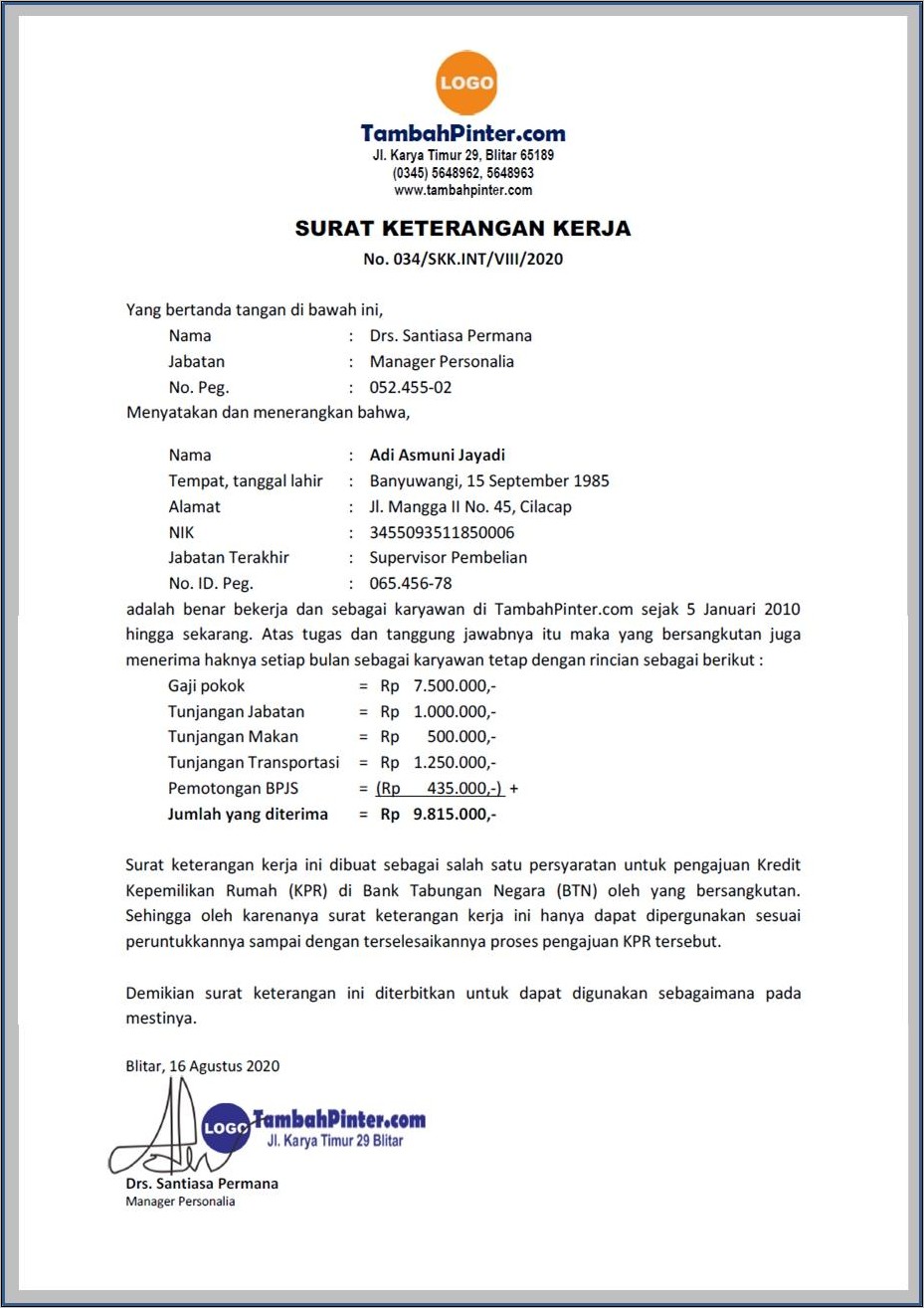 Contoh Surat Referensi Kerja Supaya Di Terima