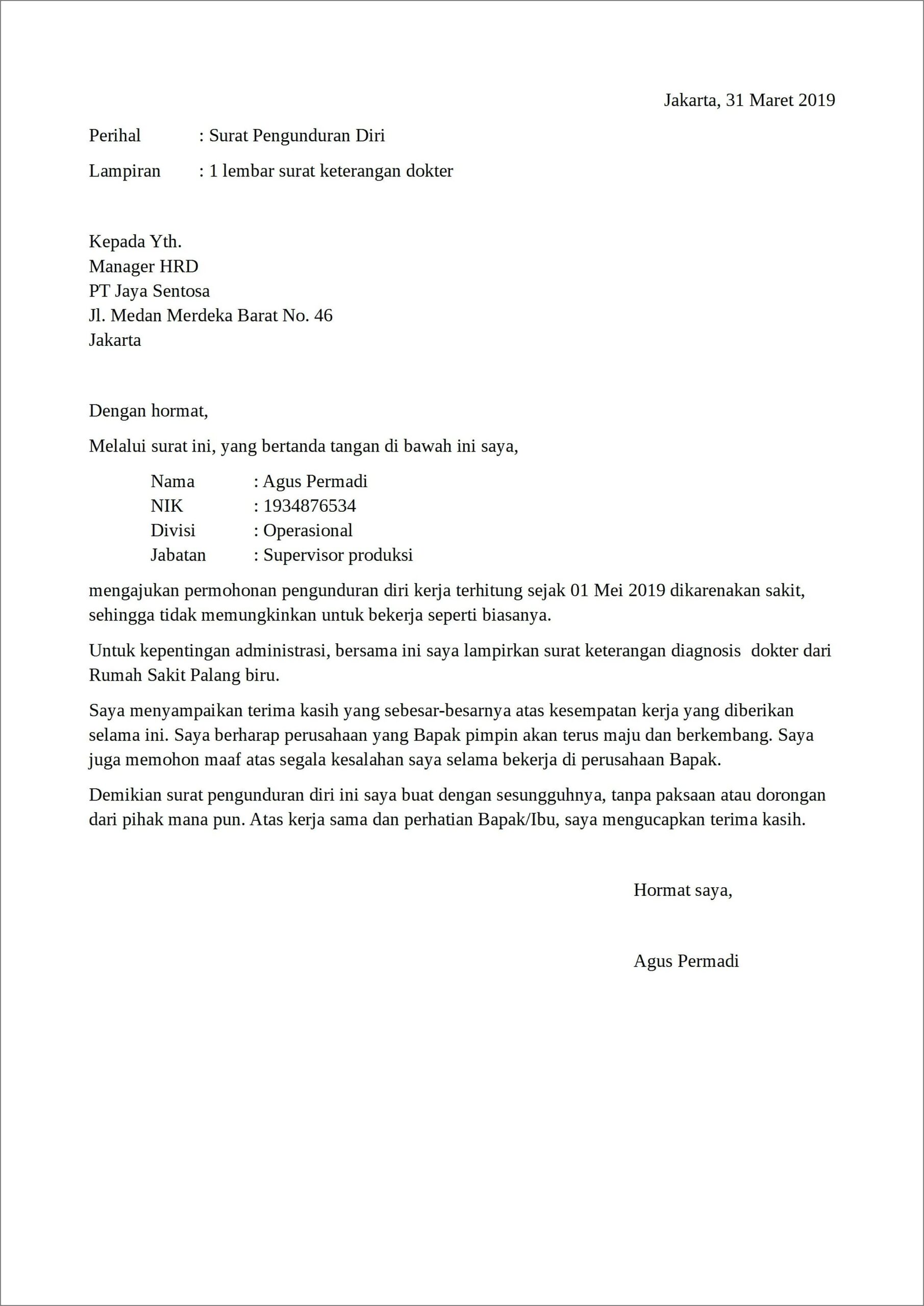 Contoh Surat Resign Dari Pekerjaan