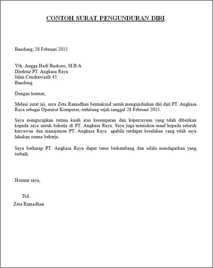 Contoh Surat Resign Kerja Bahasa Indonesia