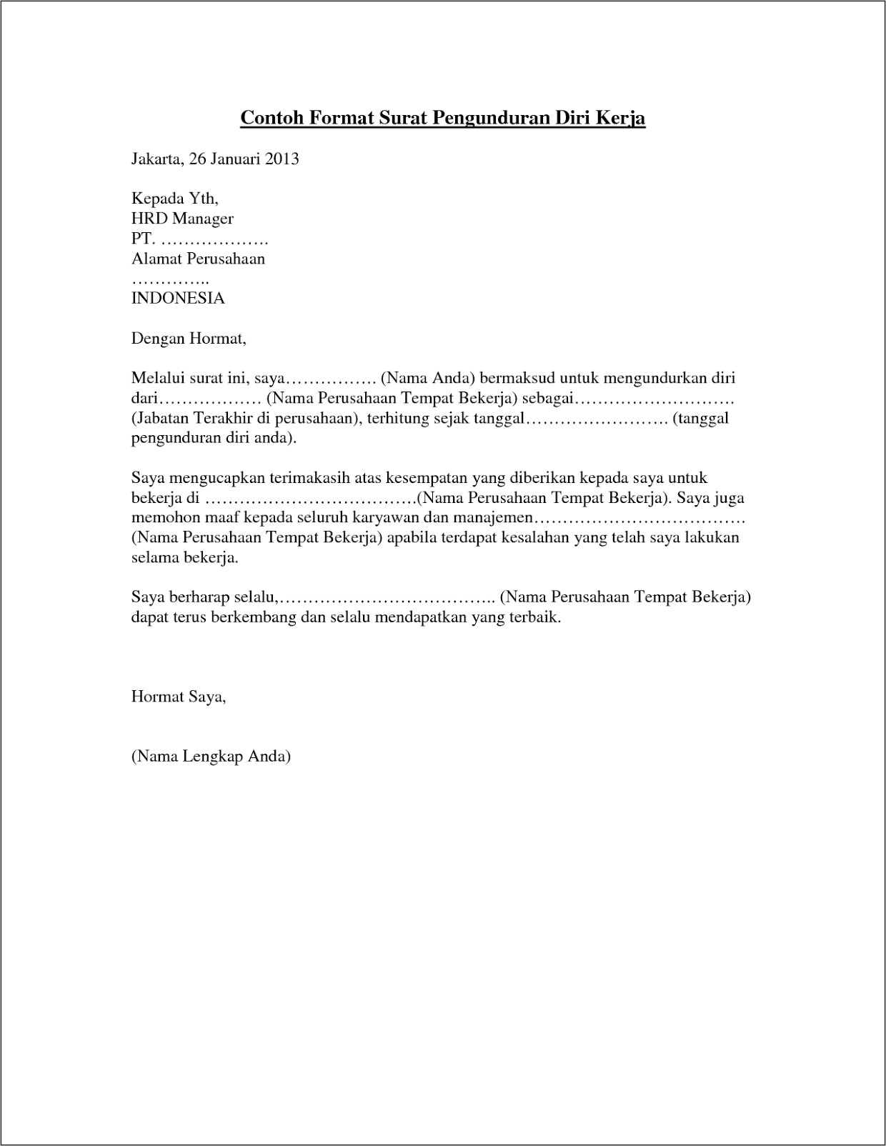 Contoh Surat Resign Kerja Dalam Exel