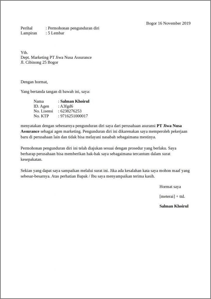 Contoh Surat Resign Kerja Dari Hotel