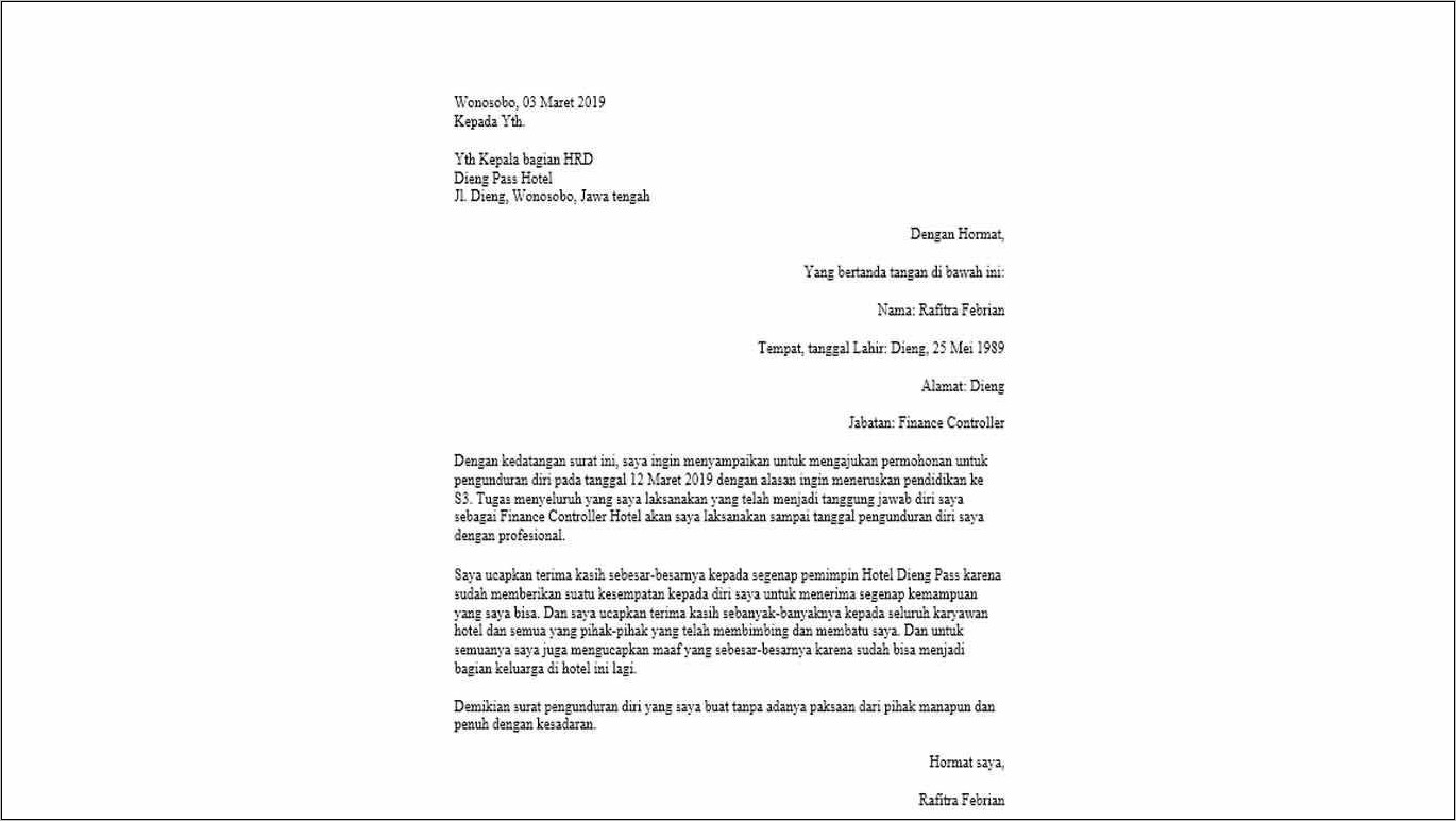 Contoh Surat Resign Kerja Dari Kantor
