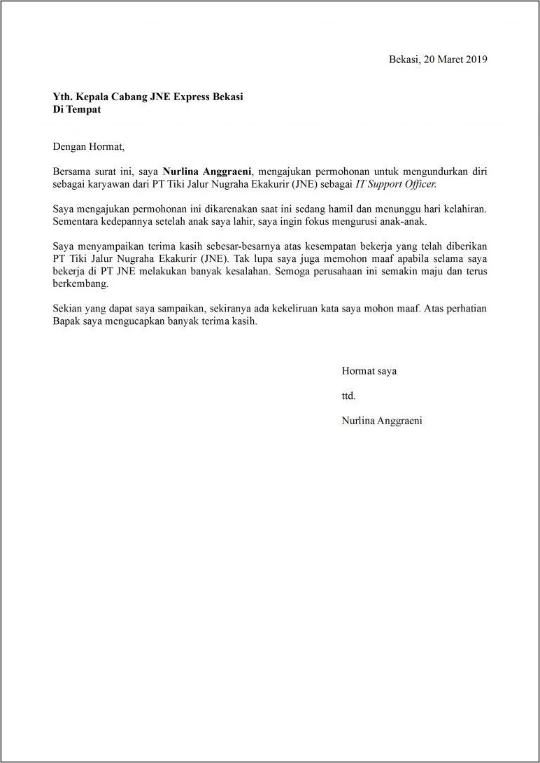 Contoh Surat Resign Kerja Di Hotel Bahasa Inggris