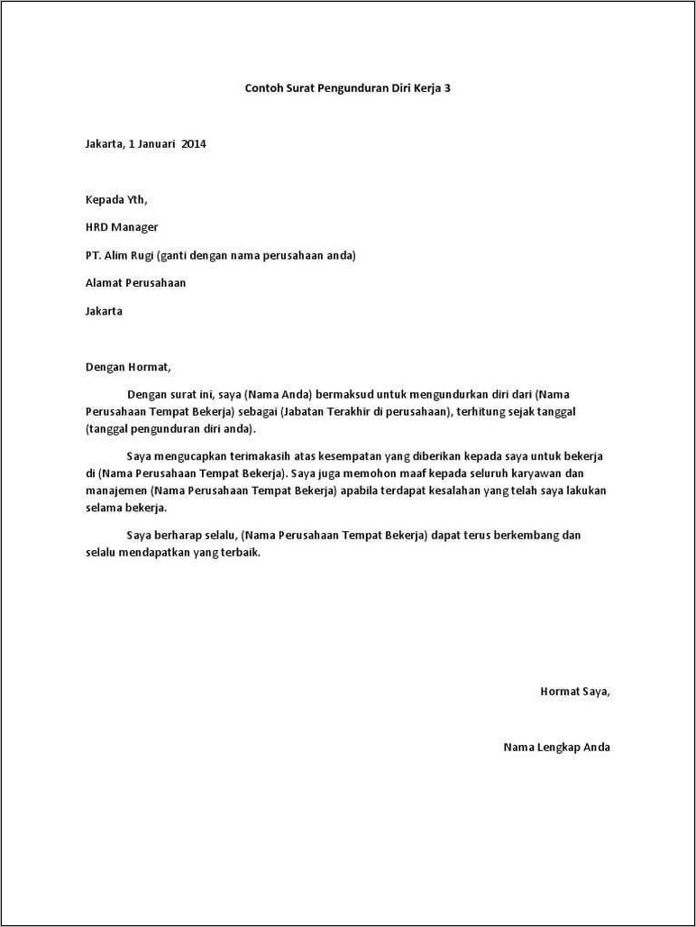 Contoh Surat Resign Kerja Perusahaan