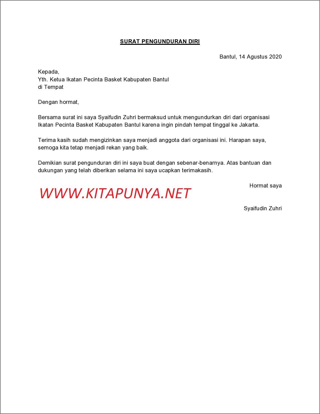 Contoh Surat Resign Kerja Secara Formal