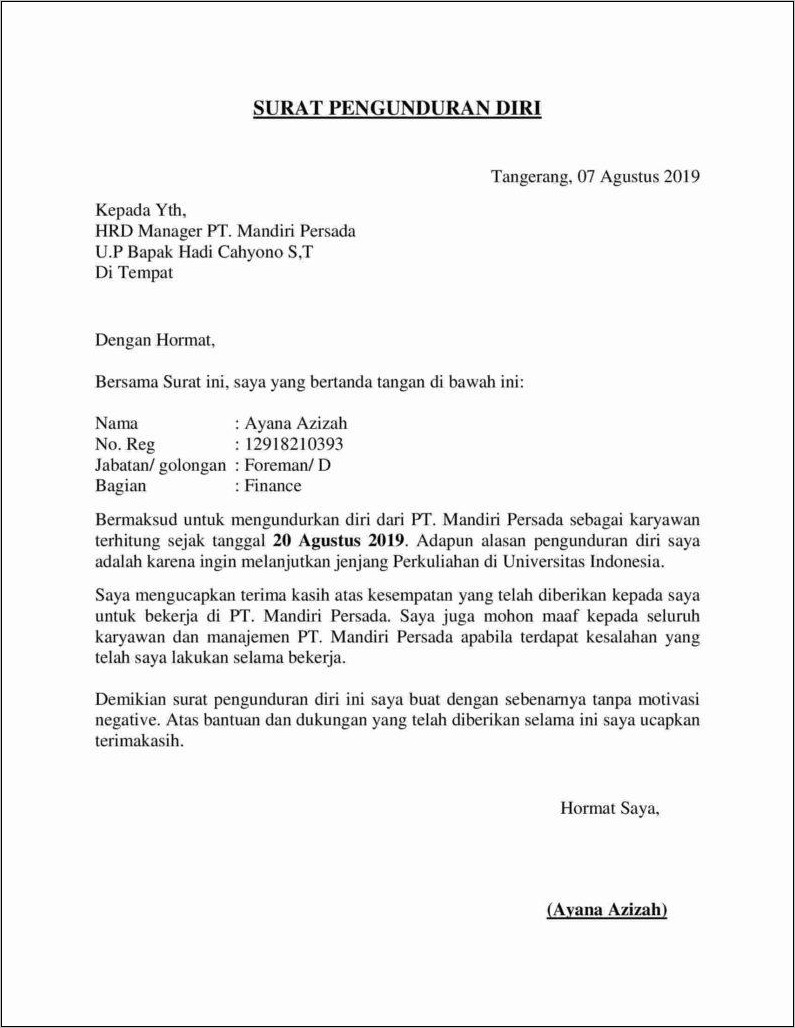 Contoh Surat Resign Kerja Terbaik