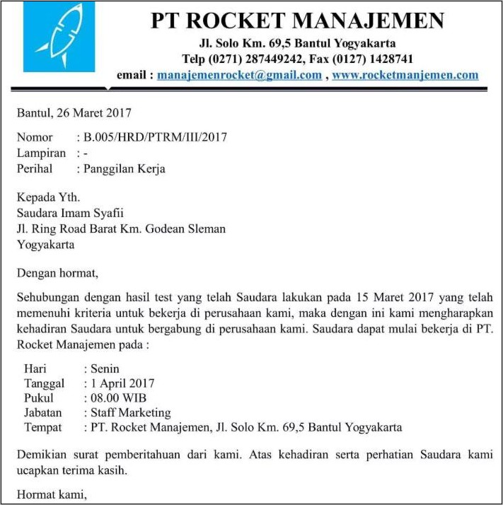 Contoh Surat Resmi Pemanggilan Kerja