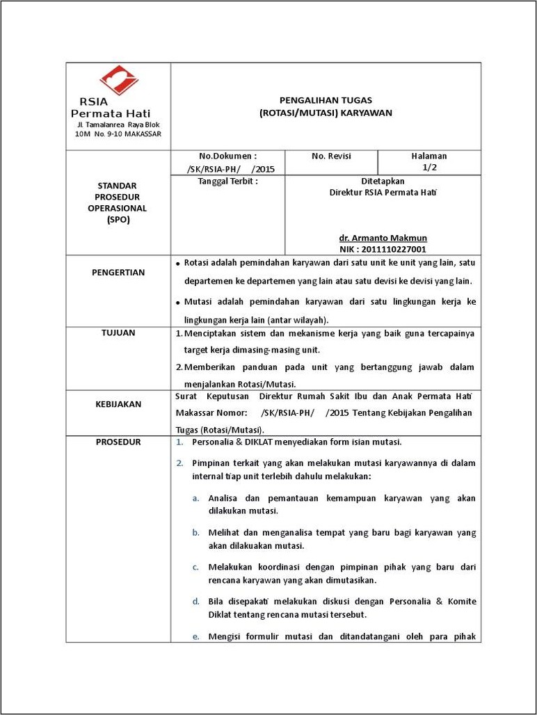 Contoh Surat Rotasi Kerja Karyawan