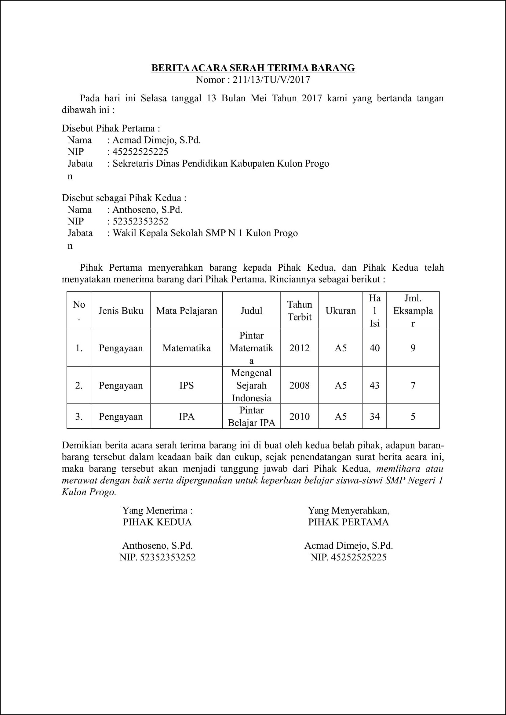 Contoh Surat Serah Terima Perkerjaan