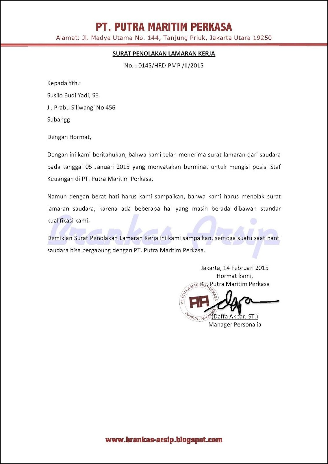 Contoh Surat Tanggapan Lamaran Kerja