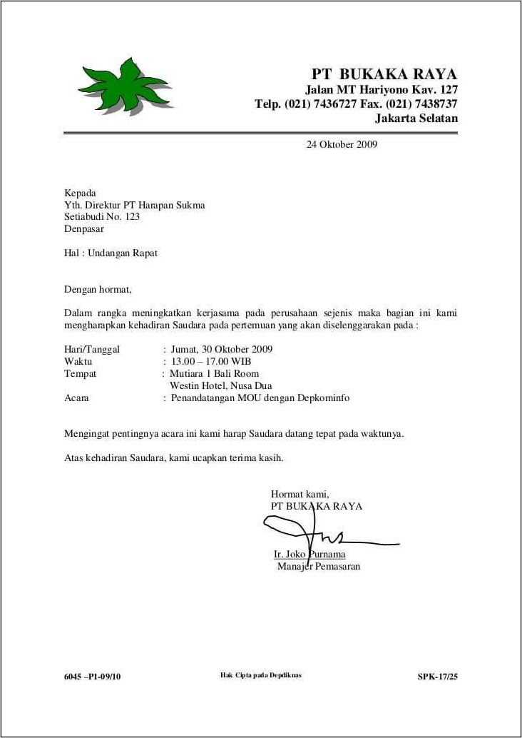 Contoh Surat Udangan Rapat Kerja