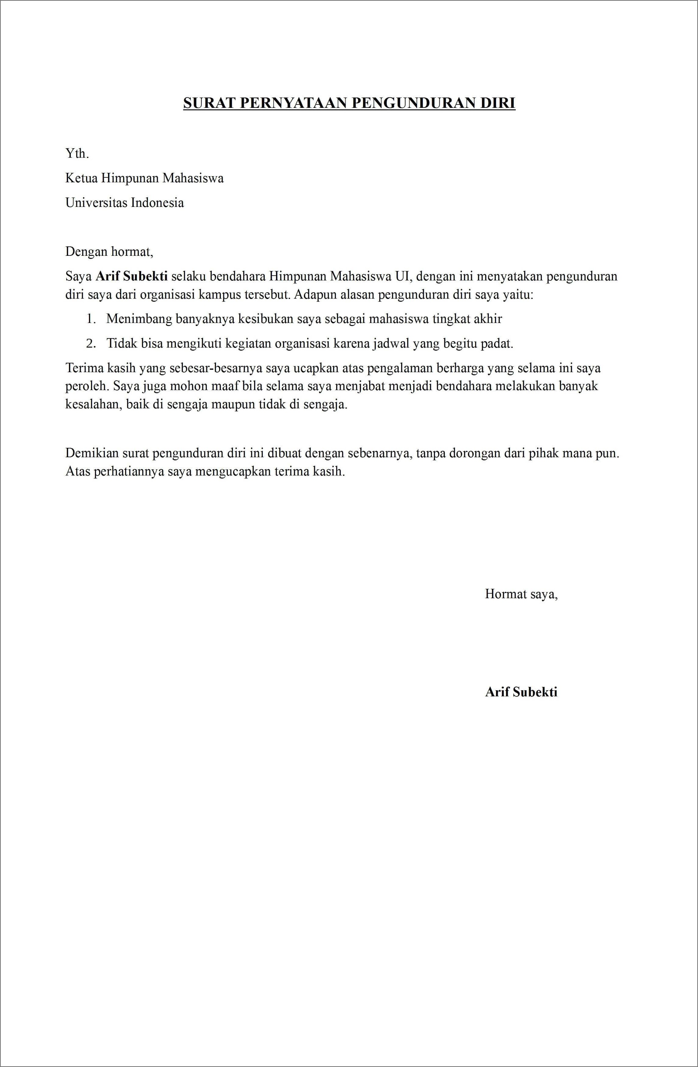 Contoh Surat Undur Diri Dari Kerja