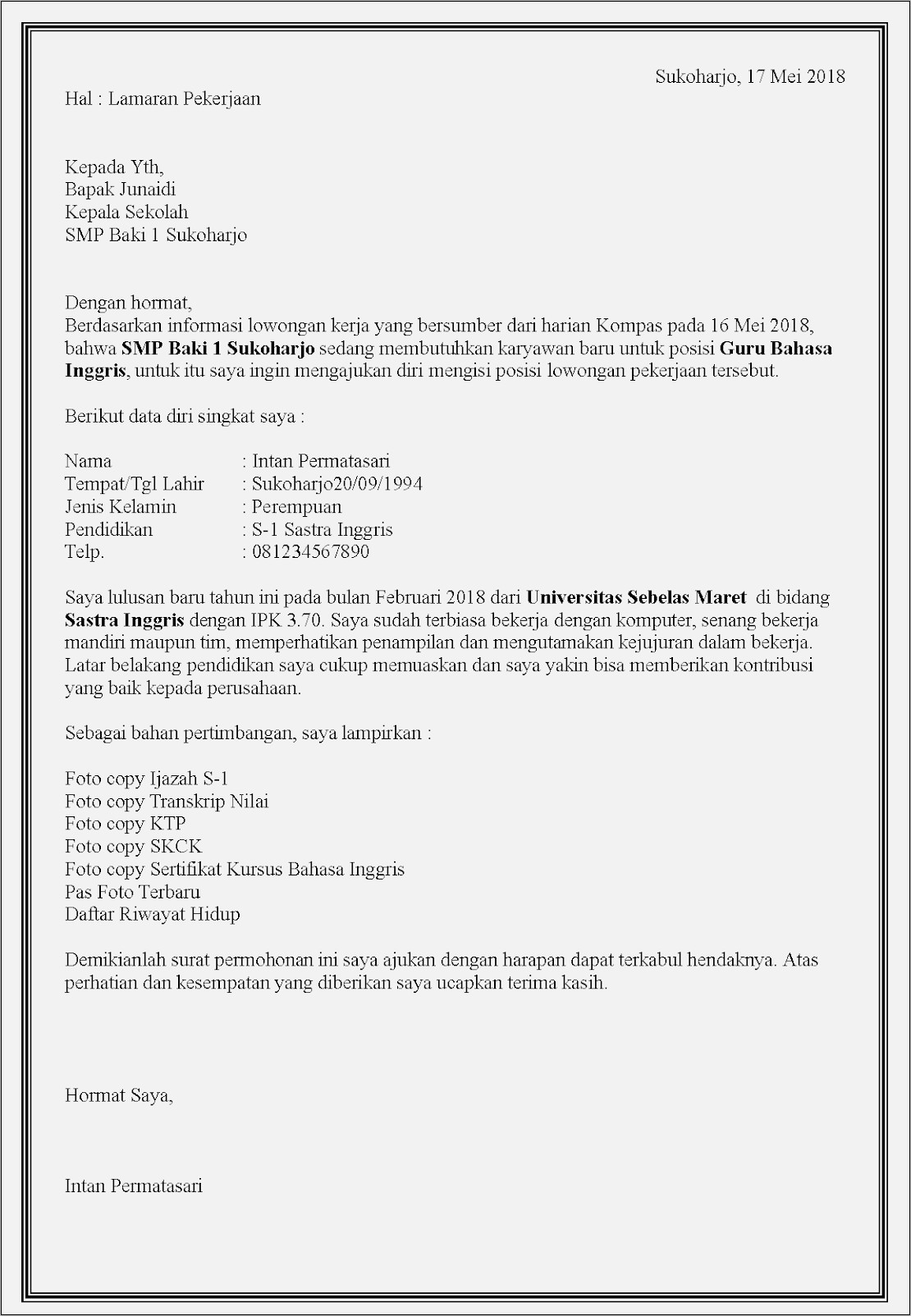Download Contoh Surat Lamaran Kerja Guru Smp