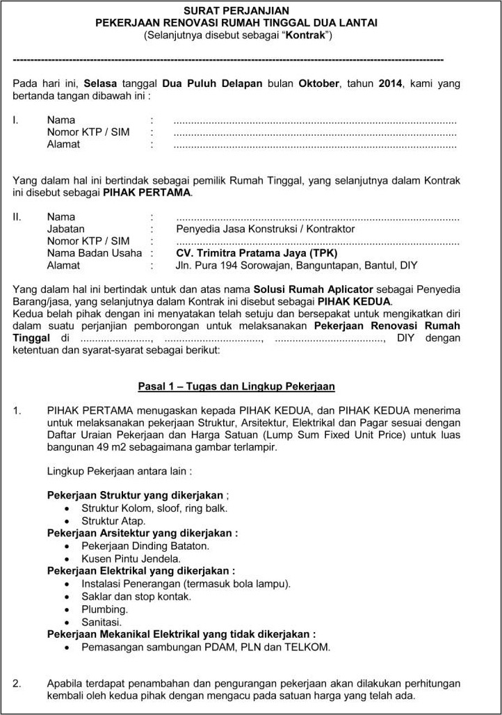Download Contoh Surat Perjanjian Kerja Swasta Borongan Bangunan Doc