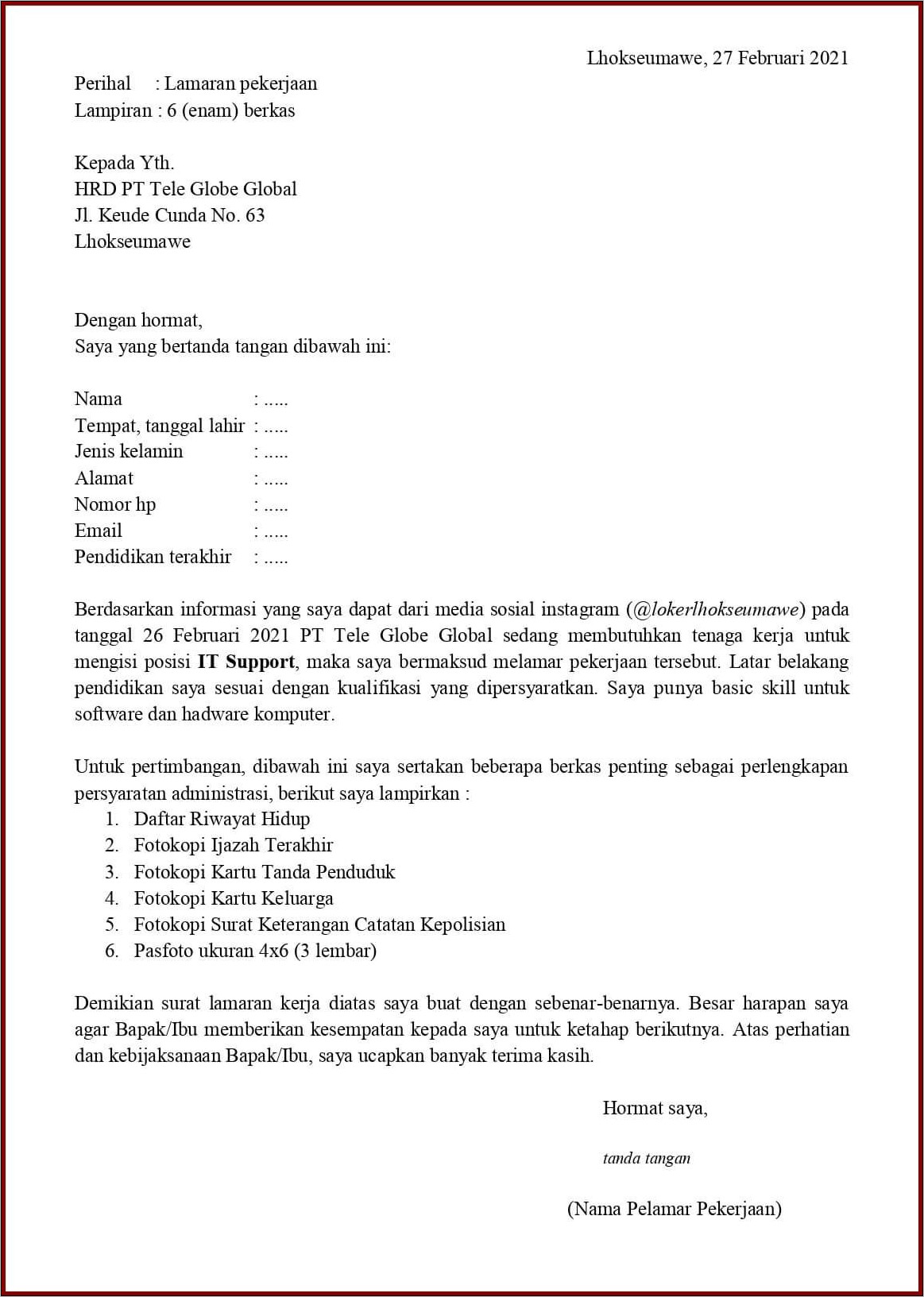 Surat Contoh Kerja