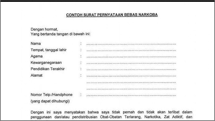 Contoh Contoh Surat Pernyataan Bebas Narkoba