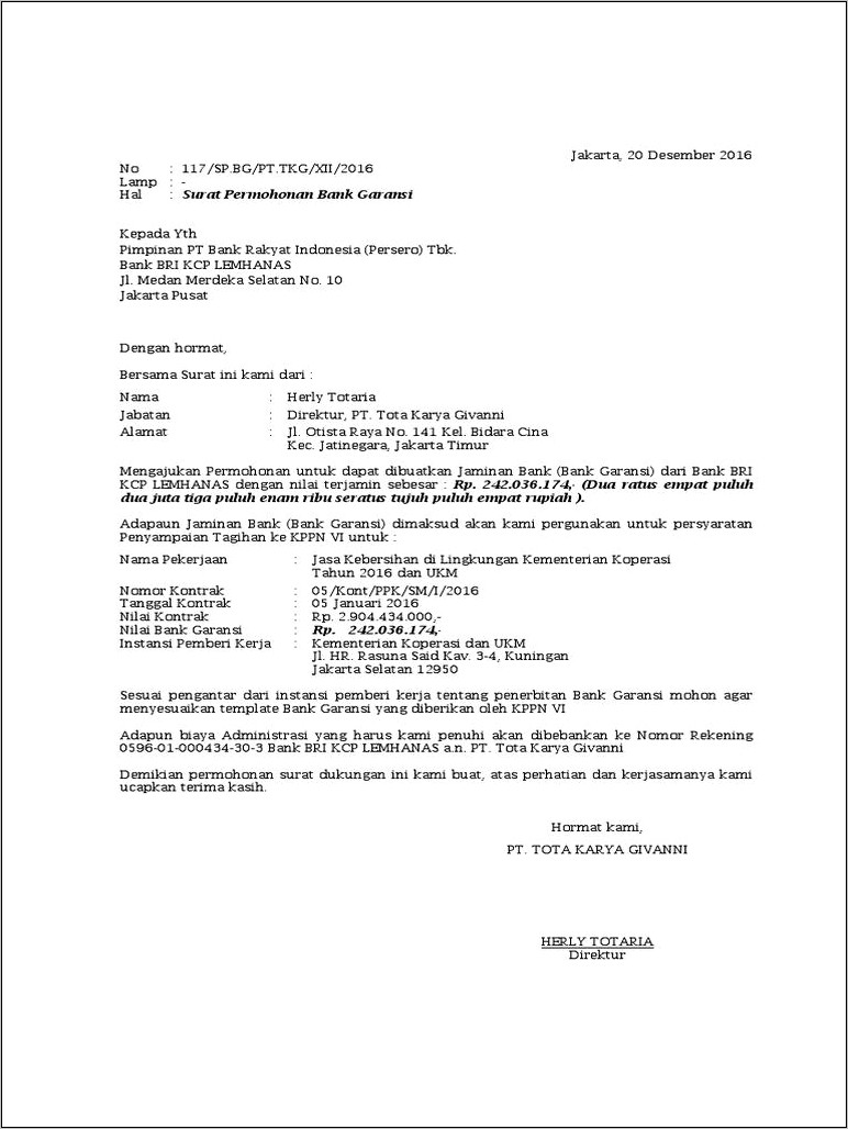 Contoh Draft Surat Pernyataan Penerbitan Bank Garansi Bri