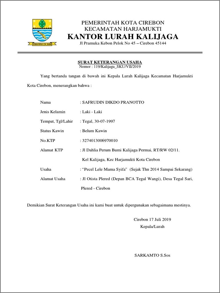 Contoh Fole Surat Keterangan Usaha