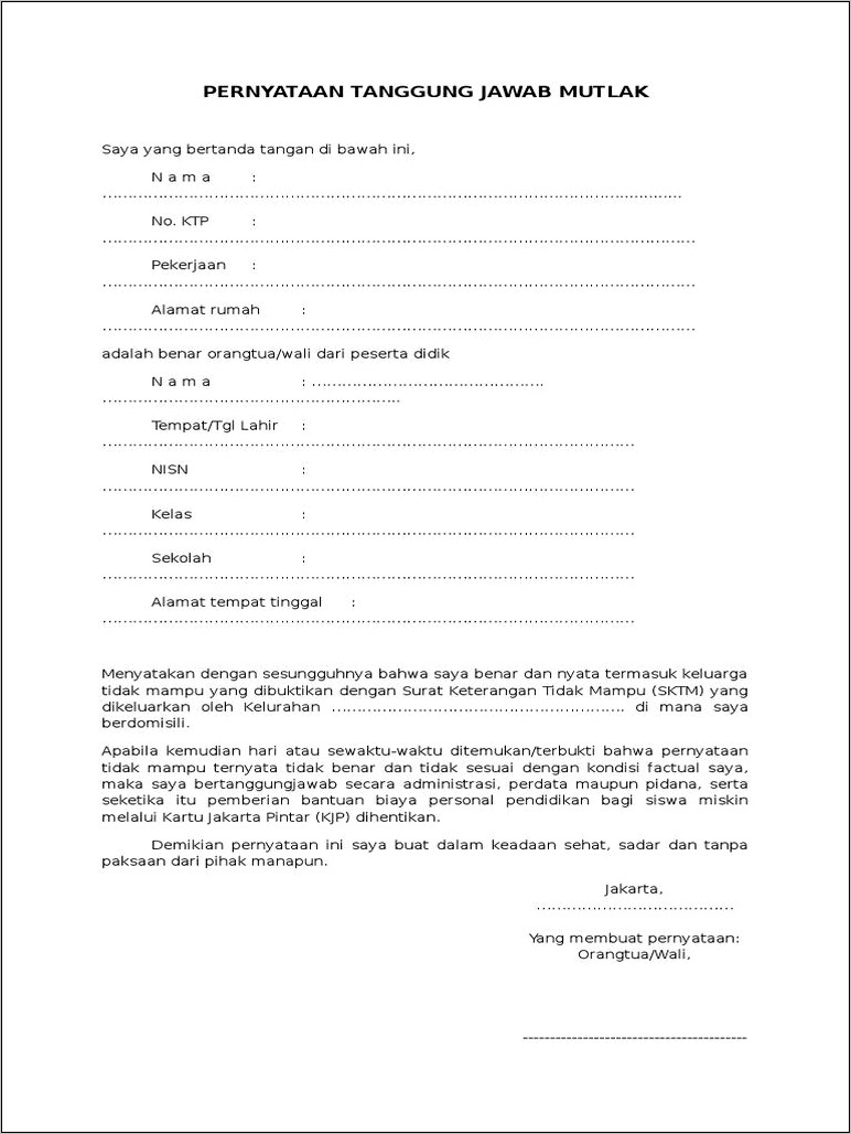 Contoh Form Surat Pernyataan Tanggung Jawab Mutlak Tkhi