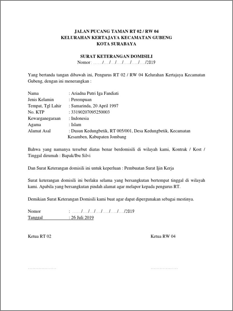 Contoh Format Surat Keterangan Domisili Rt Jakarta