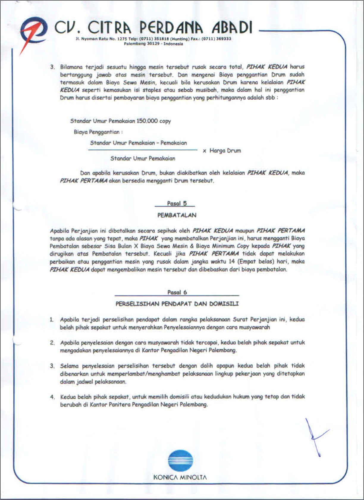Contoh Format Surat Perjanjian Sewa Menyewa Printer