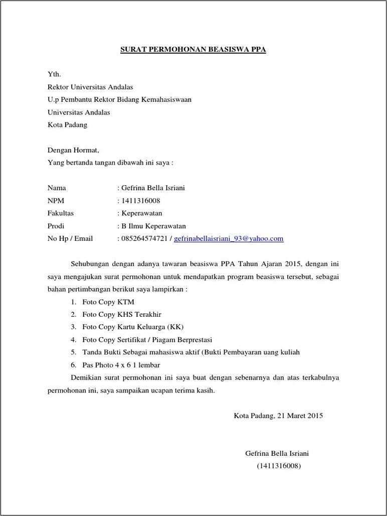 Contoh Format Surat Permohonan Beasiswa Kaltara 2017