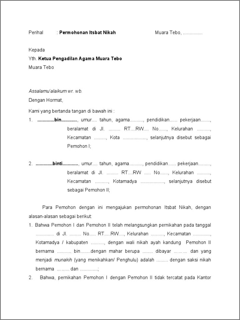 Contoh Format Surat Permohonan Itsbat Nikah Bandung