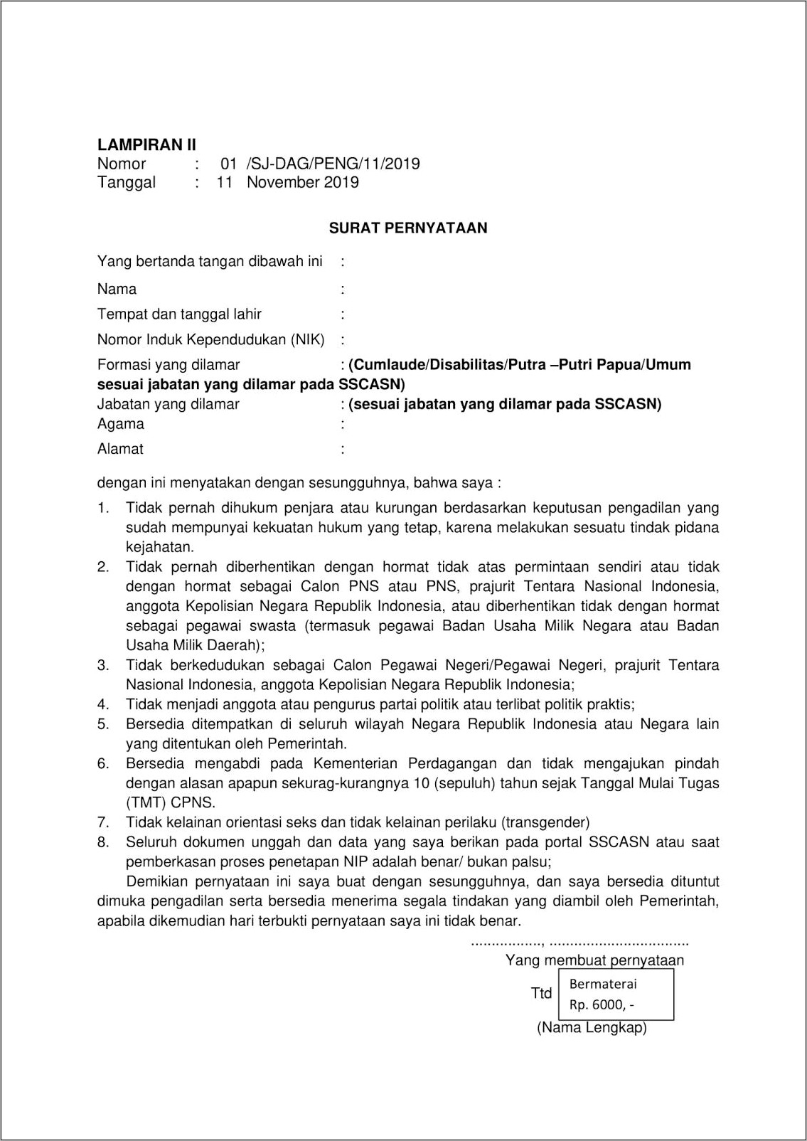 Contoh Format Surat Pernyataan Cpns Kementerian Perdagangan